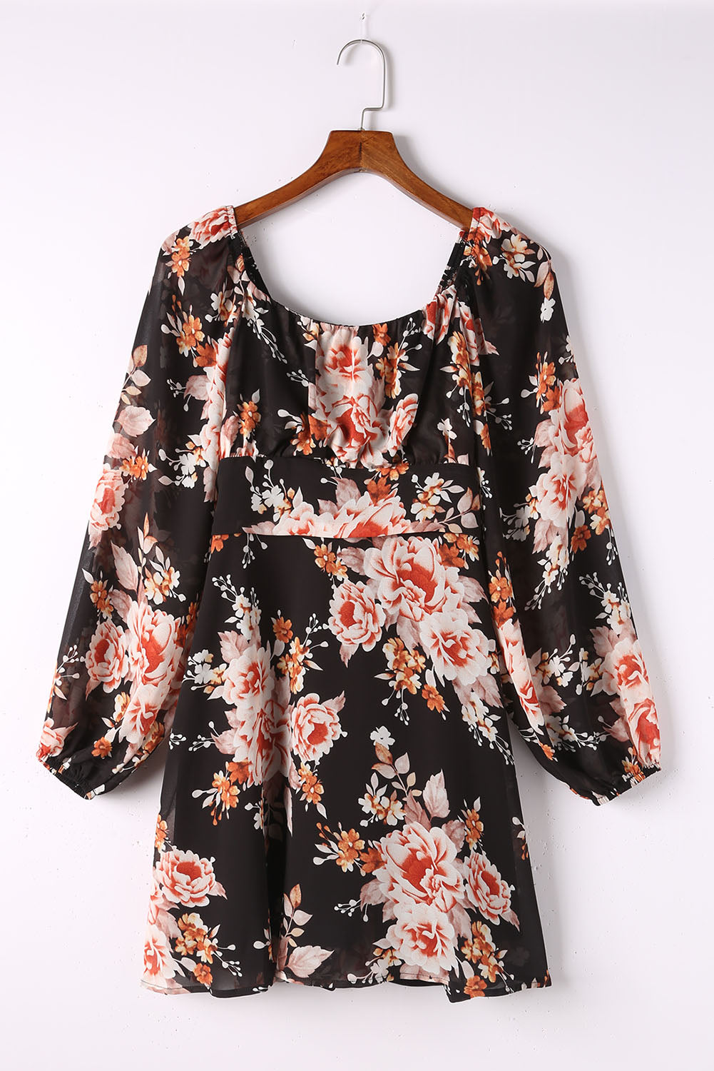 Black Floral Print Tie Back Mini Dress