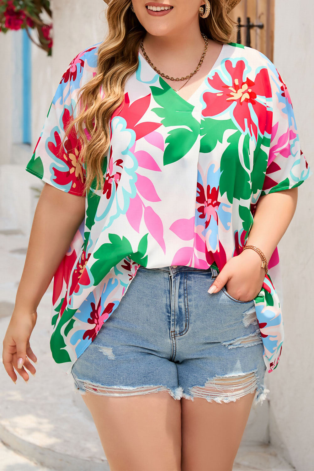 Green Floral Print Faux Wrap Plus Size Blouse