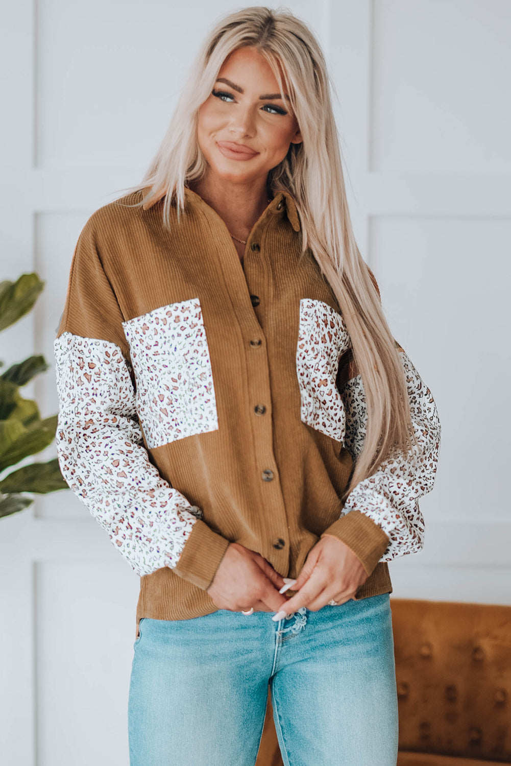 Gray Leopard Patchwork Corduroy Buttoned Shirt Jacket