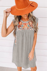 Gray Embroidered Striped Print Sleeveless Mini Dress