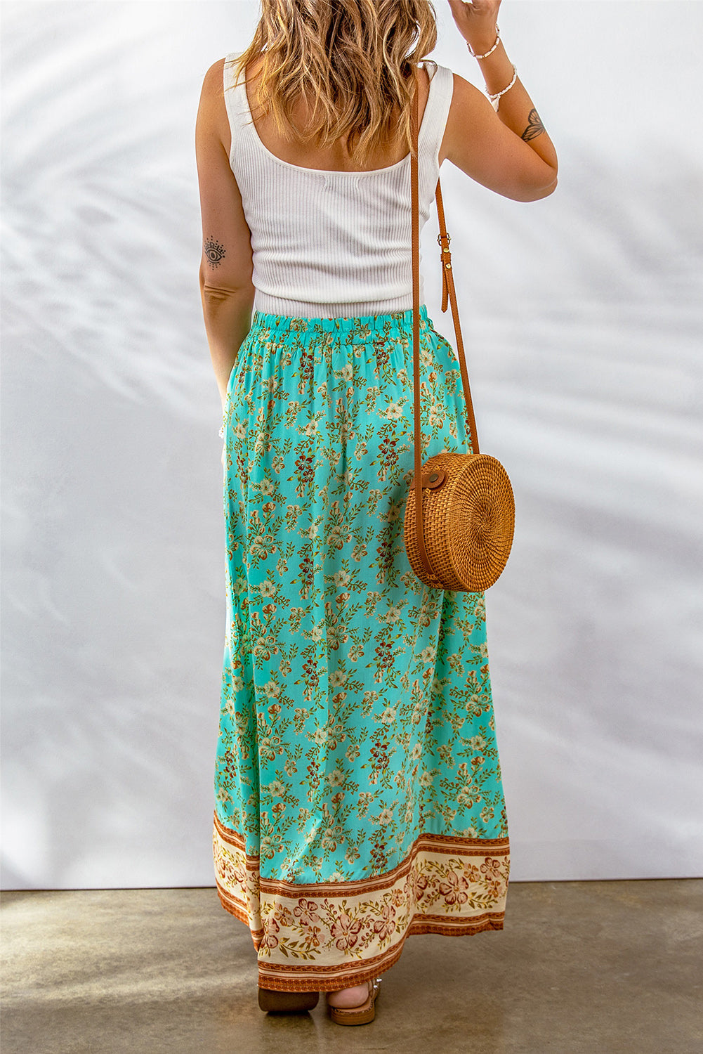 Green Boho Contrast Color Floral Print Button Slit Maxi Skirt