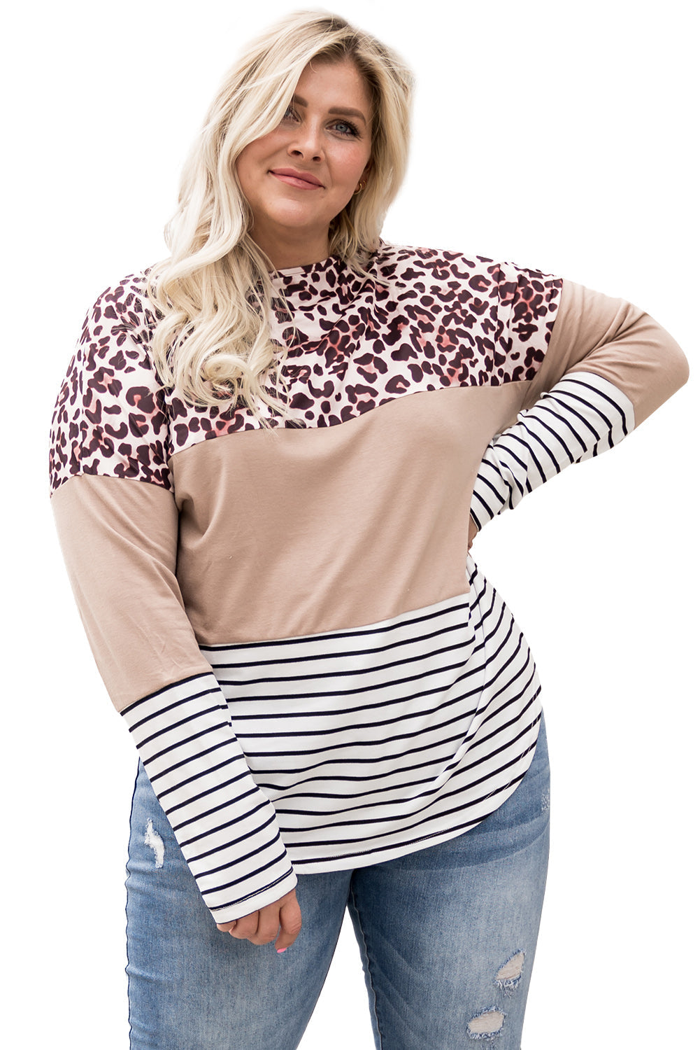 Stripe Leopard Colorblock Striped Long Sleeve Plus Size Top