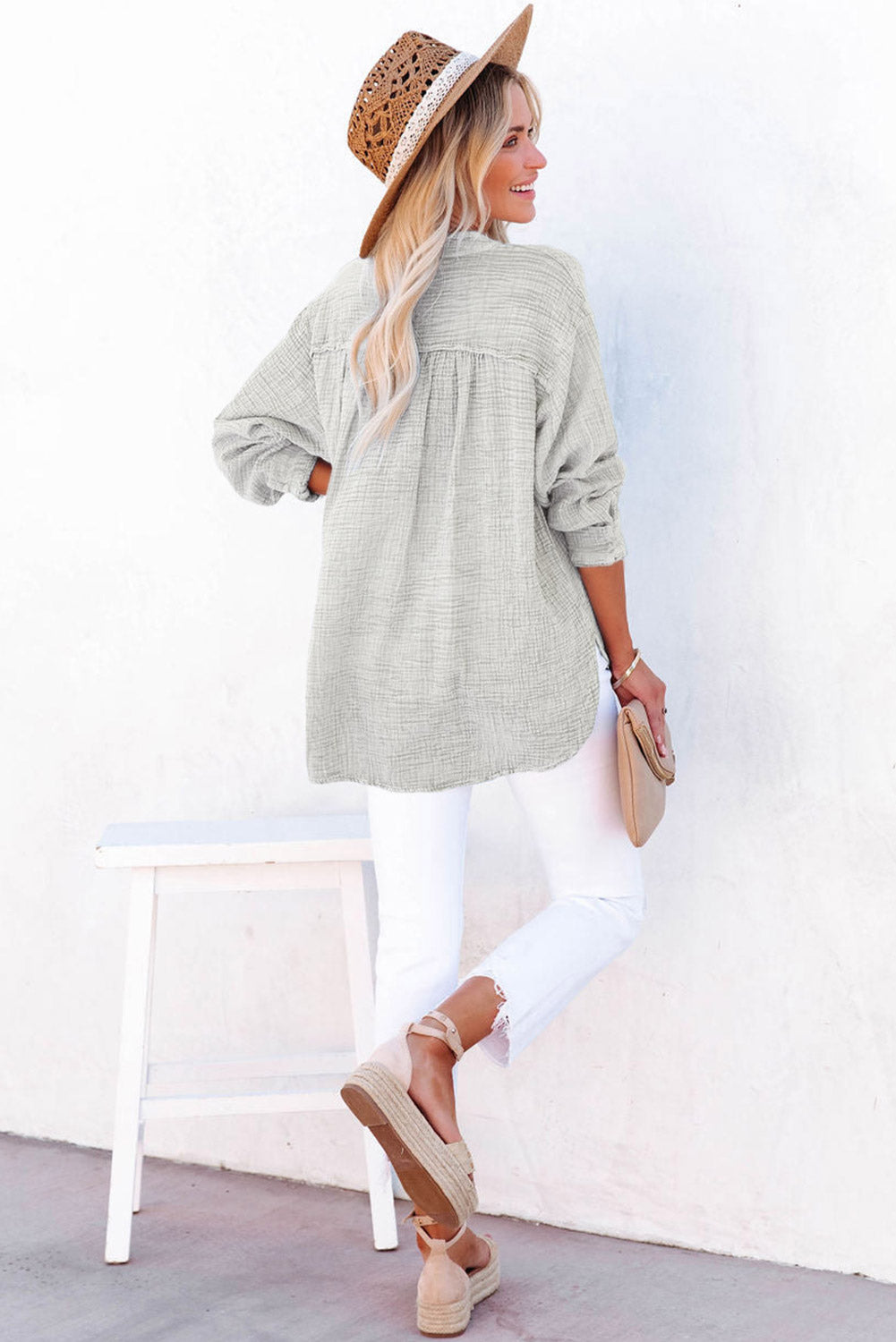 Brown Crinkle Textured Loose Henley Top