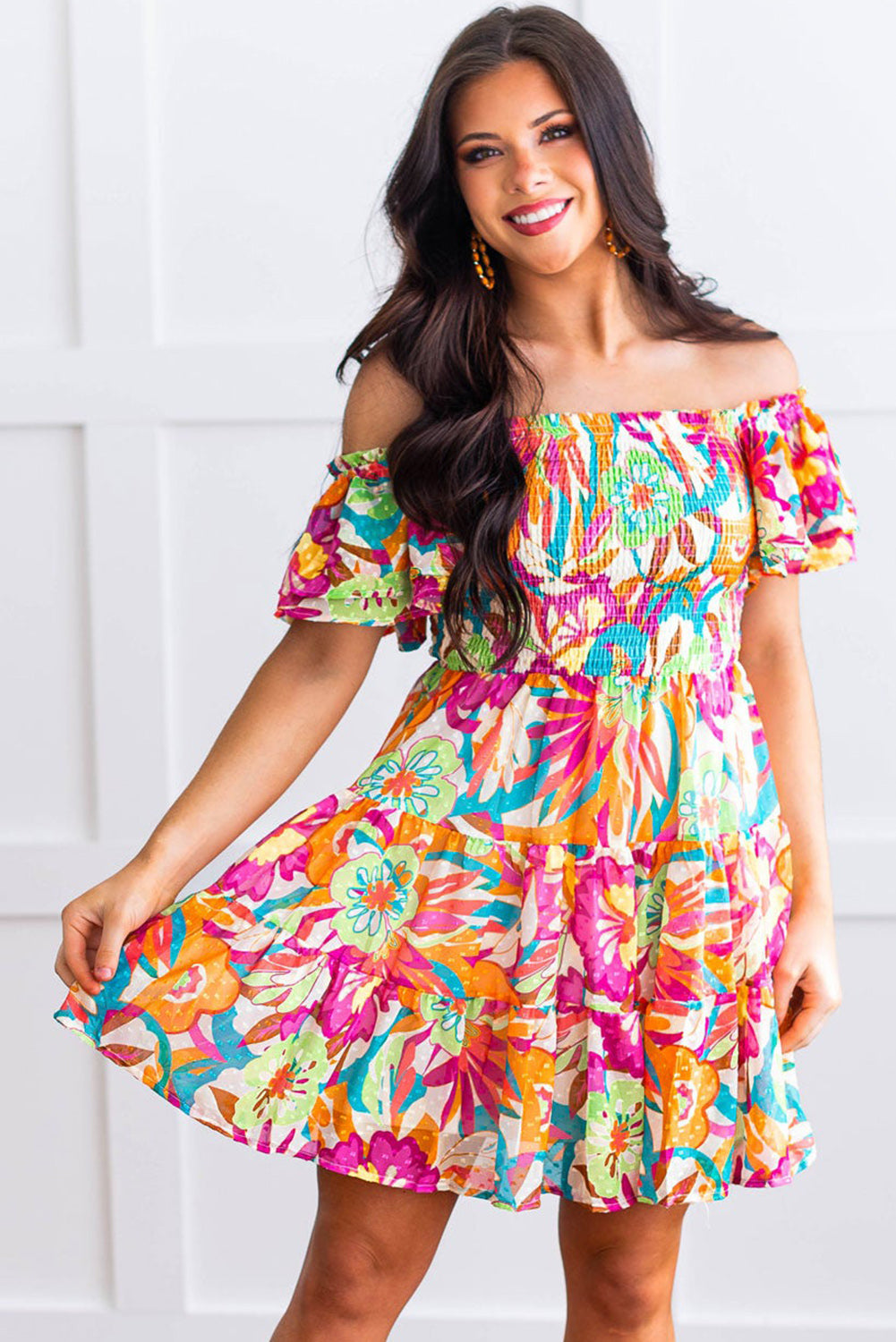 Multicolor Boho Off-shoulder Smocked Tiered Floral Dress