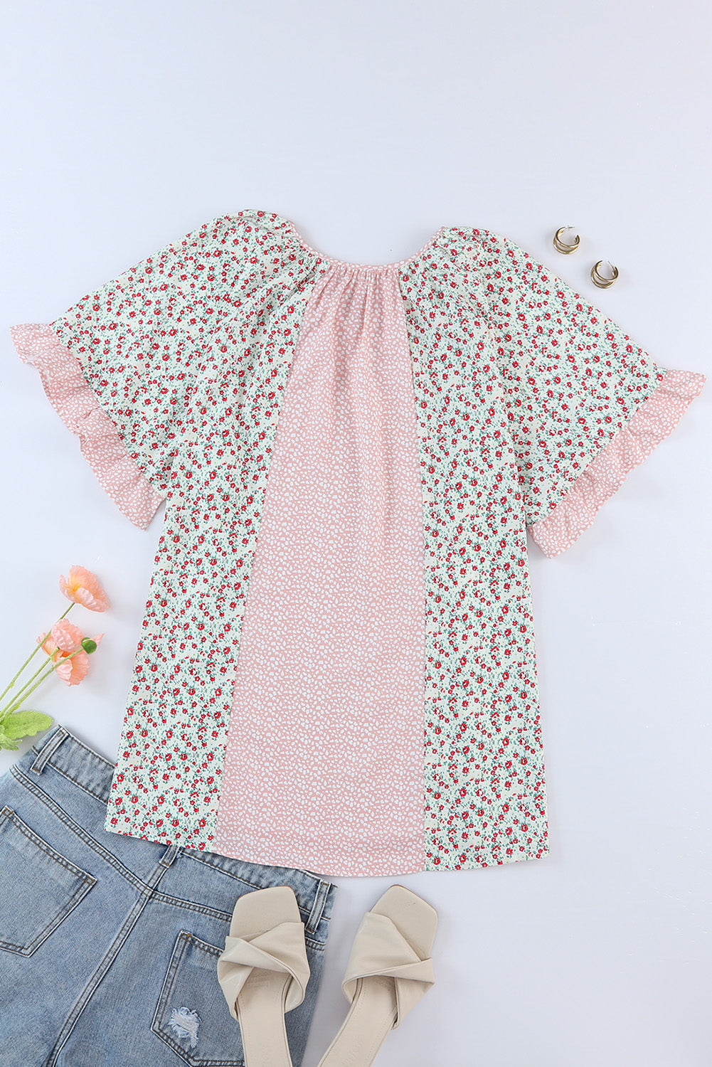 Pink Dotty Floral Patchwork Plus Size Long Sleeve Blouse