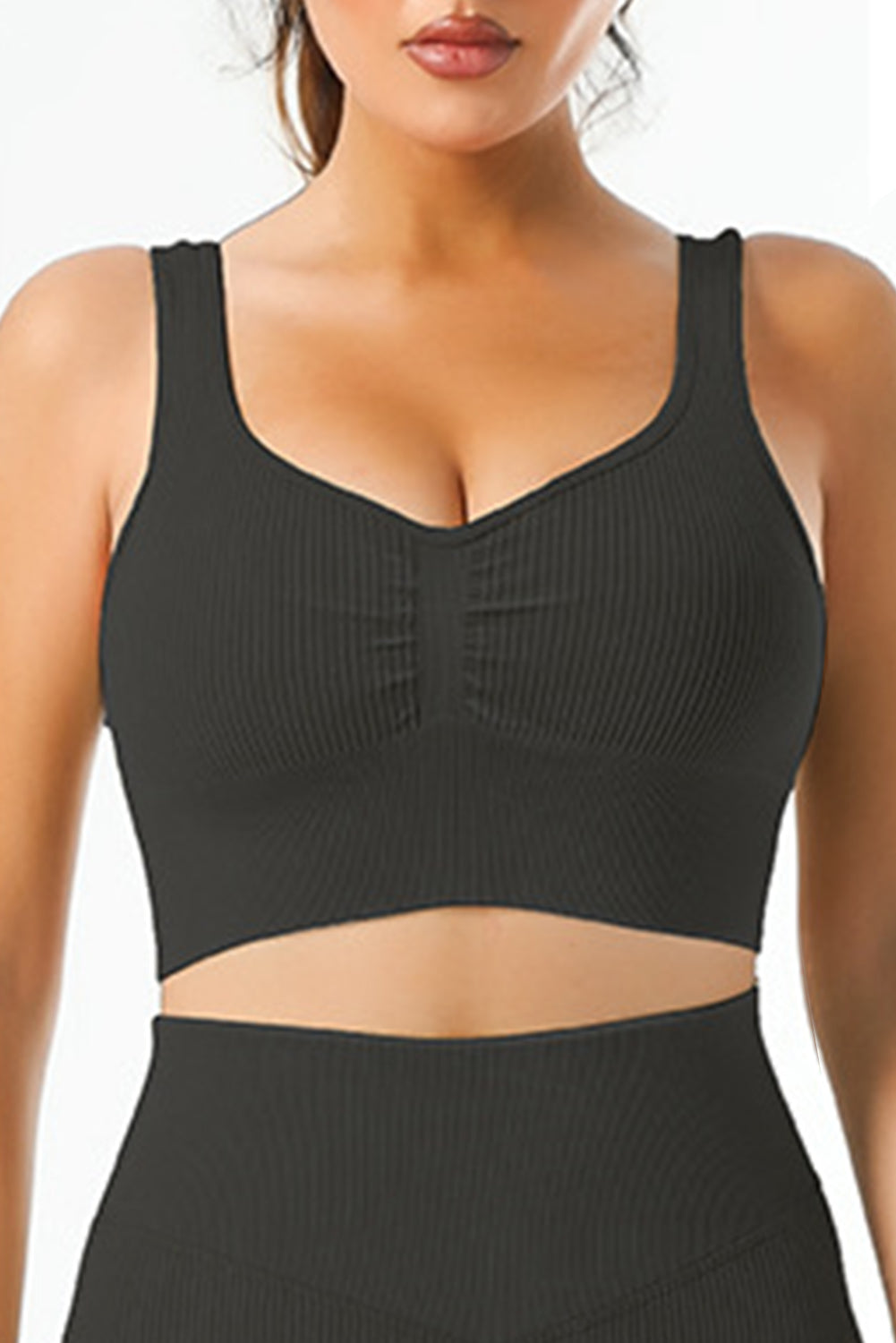 Black Plain Ribbed V Neck Sports Bra