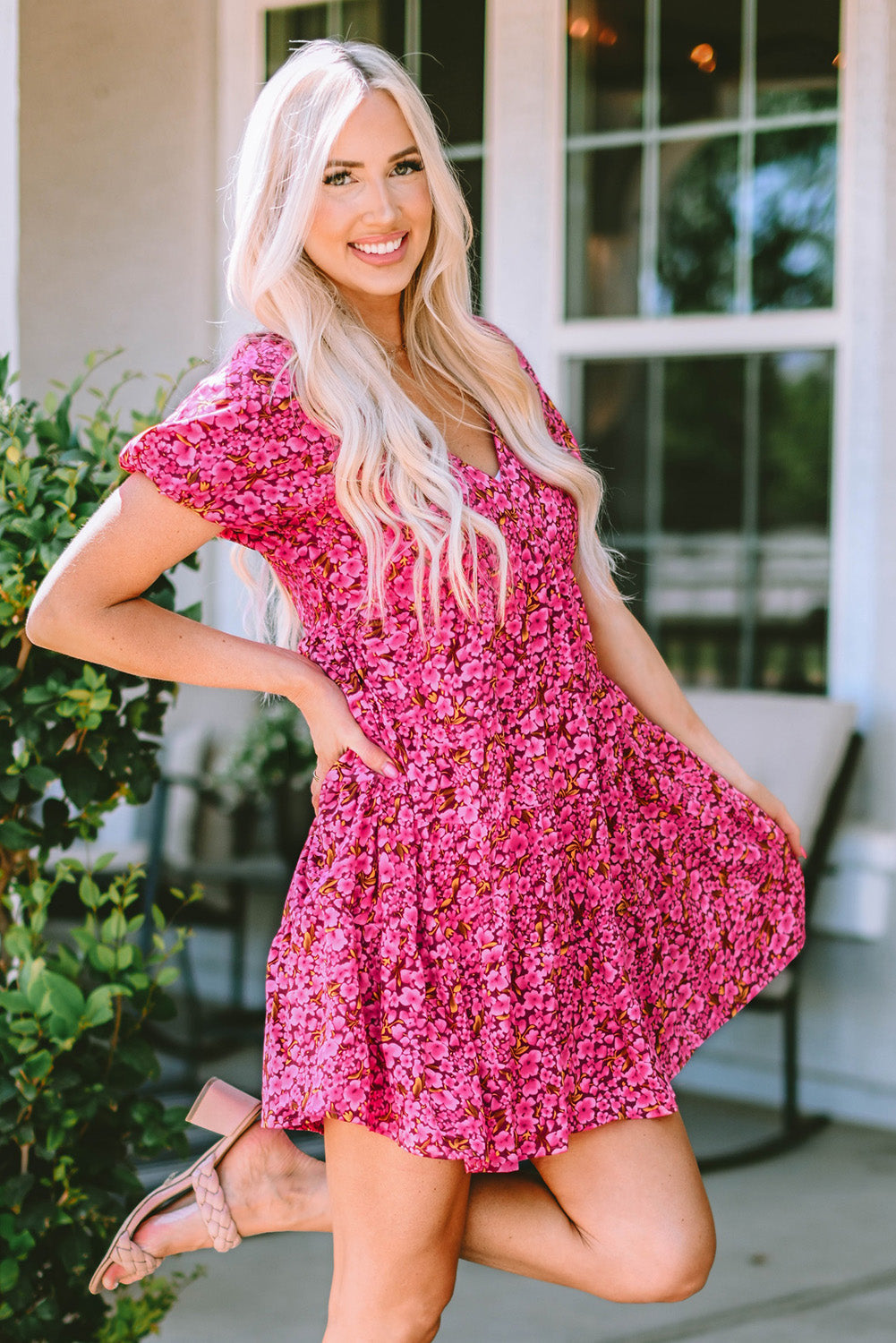 Khaki Floral Print Tiered Flutter Sleeve V Neck Top
