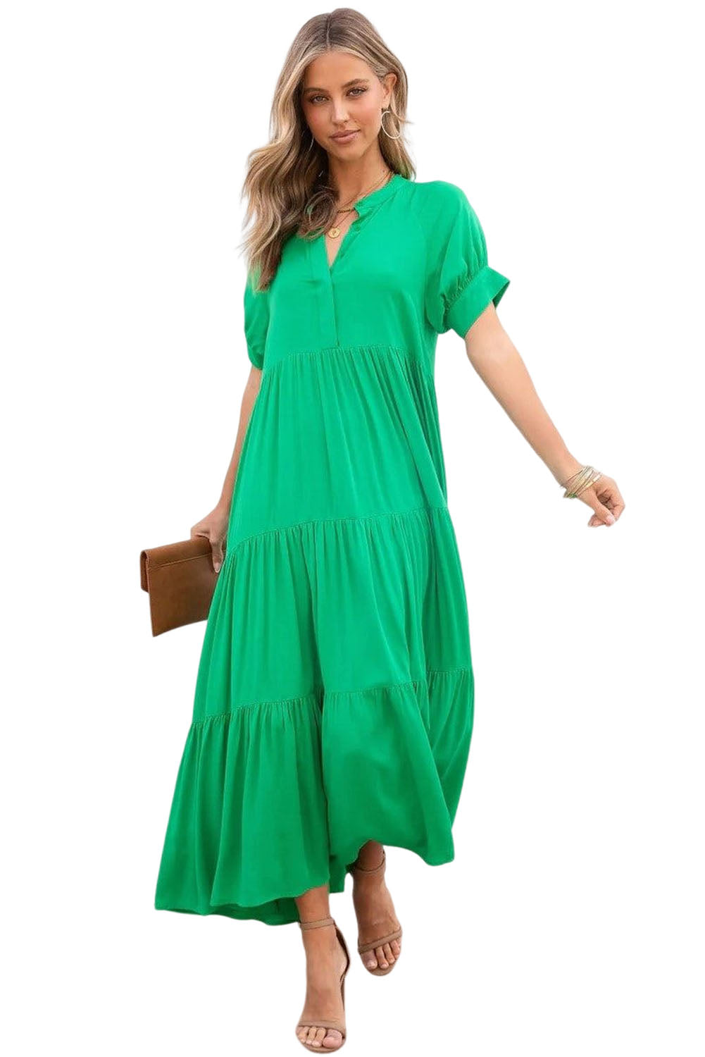 Green Notch V Neck Bubble Sleeve Tiered Maxi Dress