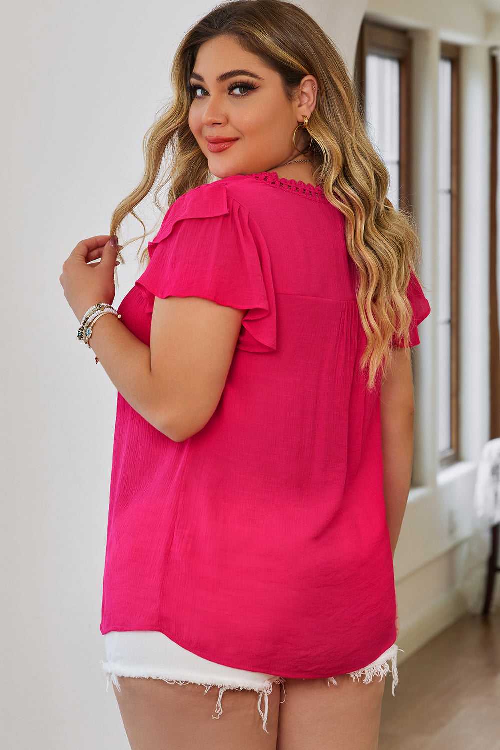 Rose Crochet Split V Neck Ruffle Sleeve Plus Size Blouse