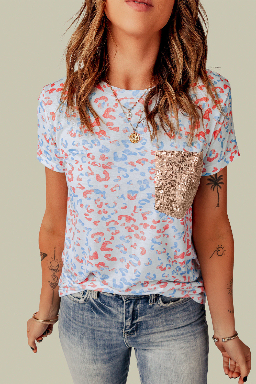 Leopard Print T-shirt with Sequin Pocket