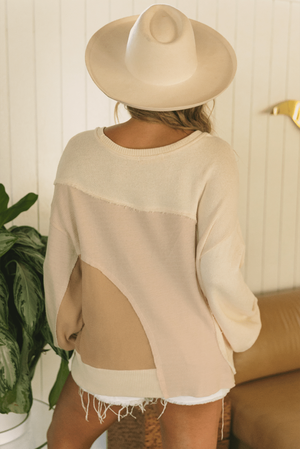 Khaki Irregular Colorblock Patchwork Pullover Sweatshirt