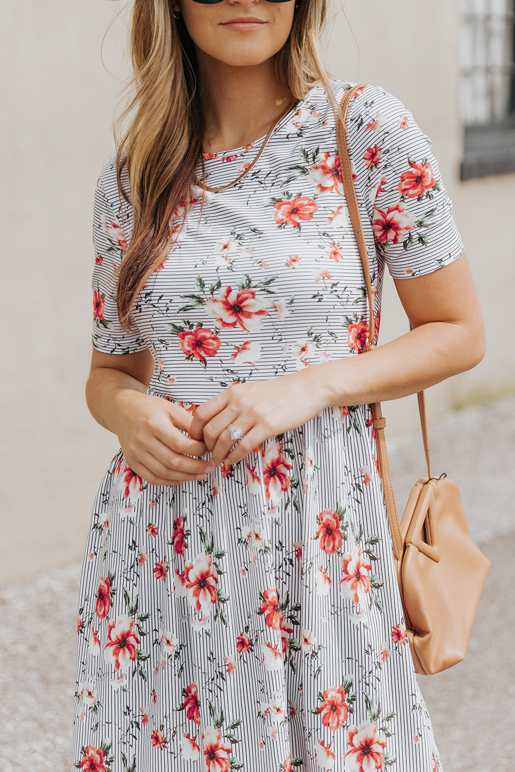 Striped Flower Short Sleeve Flowy Midi Dress