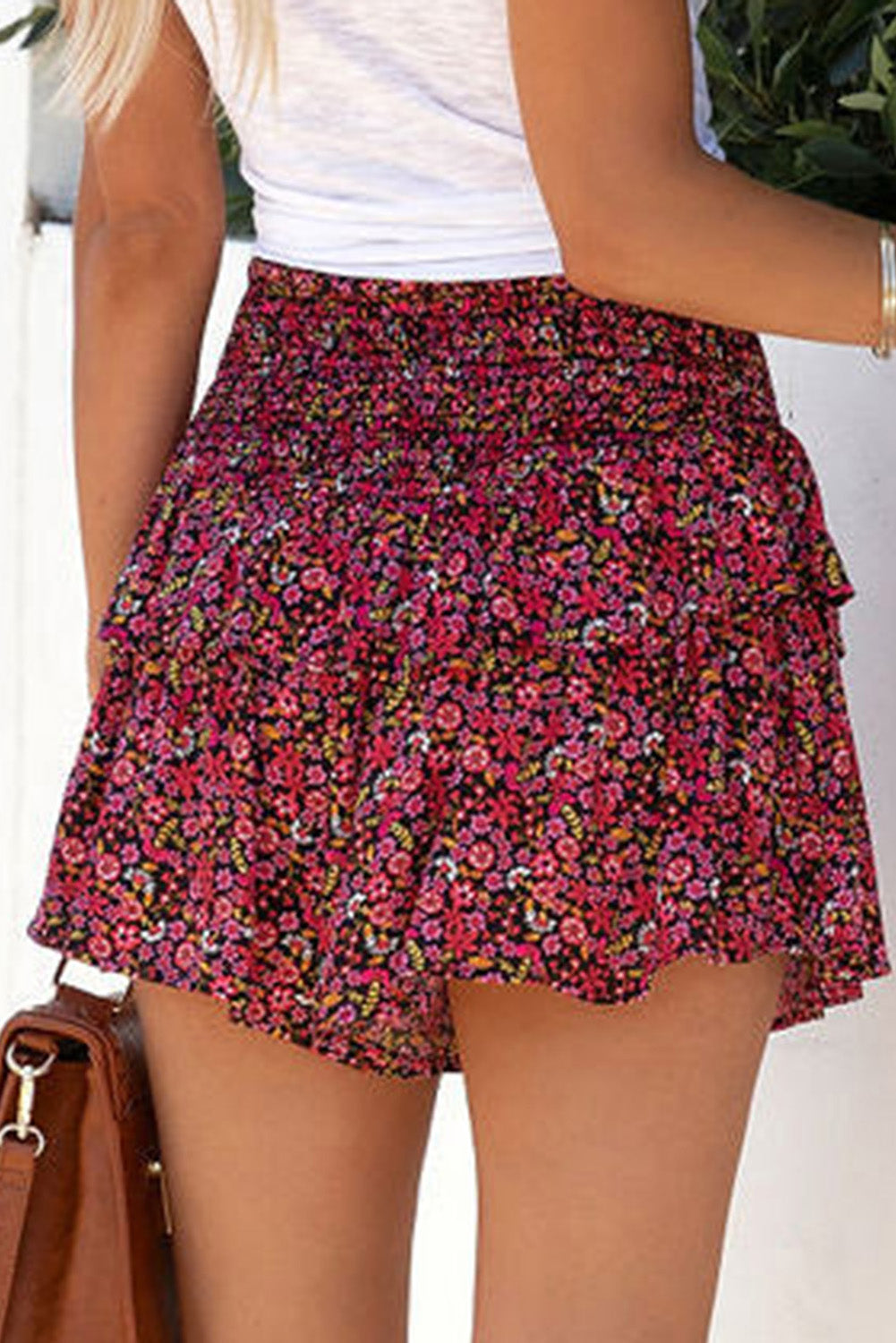 Red Floral Print Smocked Waist Shorts