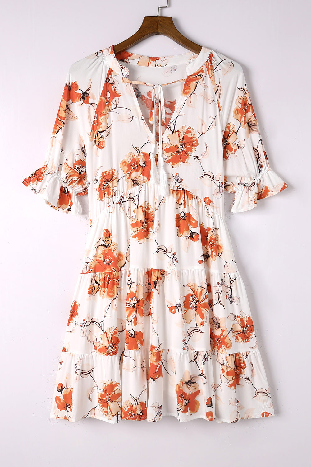 Beige Blooming Floral Tassel Tie Babydoll Dress