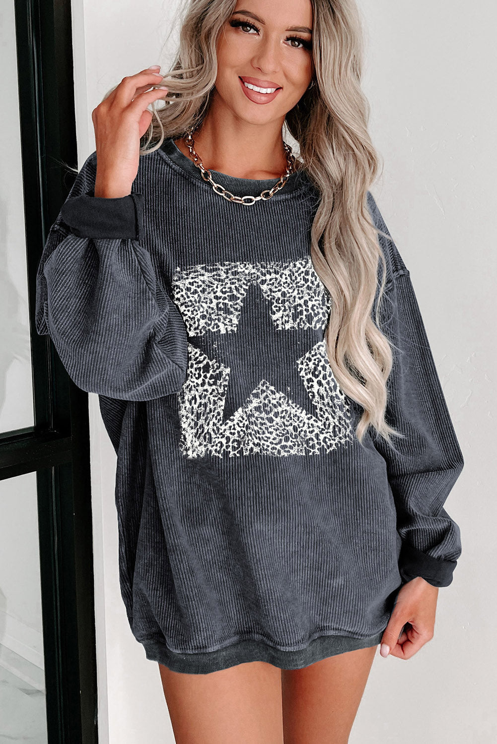 Gray Solid Ribbed Knit Round Neck Pullover Sweatshirt