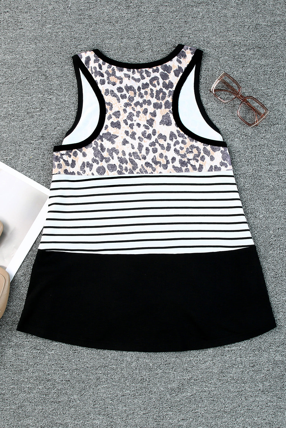 Black Leopard Striped Color Block Casual Tank Top