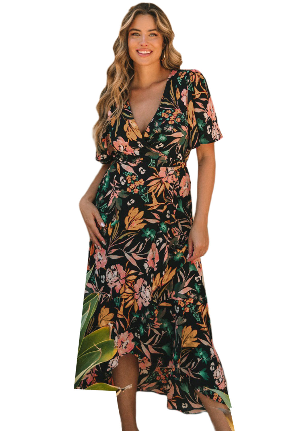 Black Floral Print Knotted Wrapped V Neck Maxi Dress