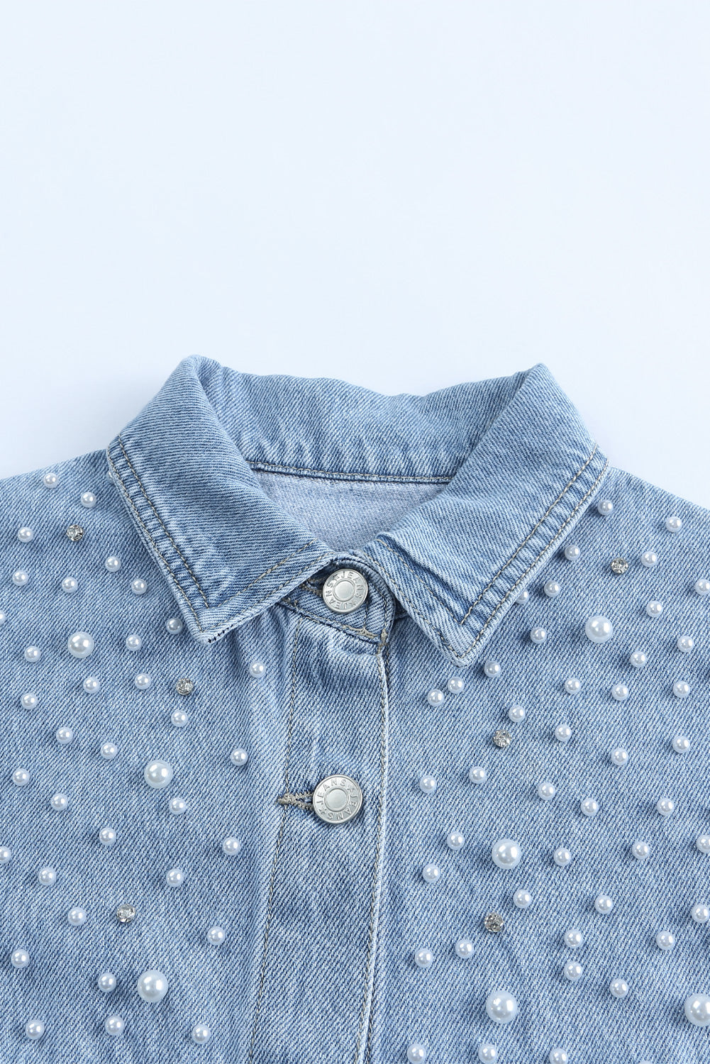 Sky Blue Rhinestone Pearls Denim Shacket