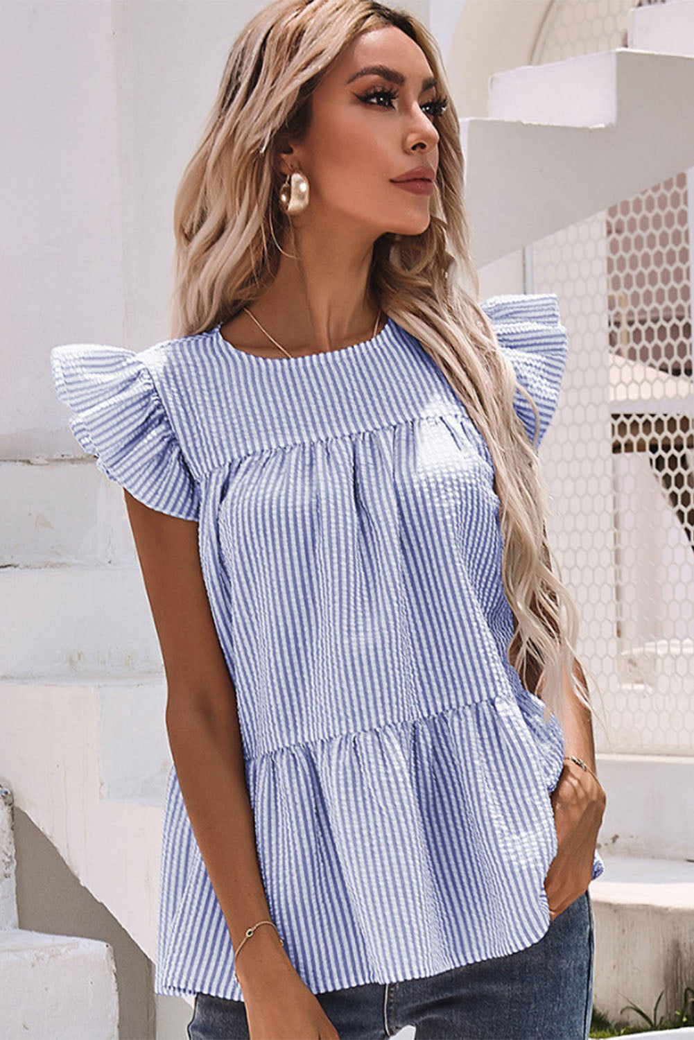 Sky Blue Striped Print Flutter Sleeve Gathered Top