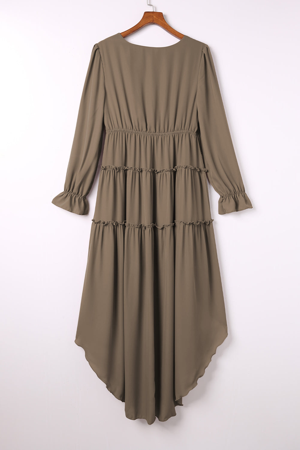 Khaki Tiered Ruffled High Low Long Sleeve Dress