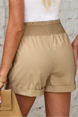 Khaki Drawstring Shirred High Waist Casual Shorts