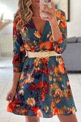 Green Abstract Print V Neck Puff Sleeve A-line Dress