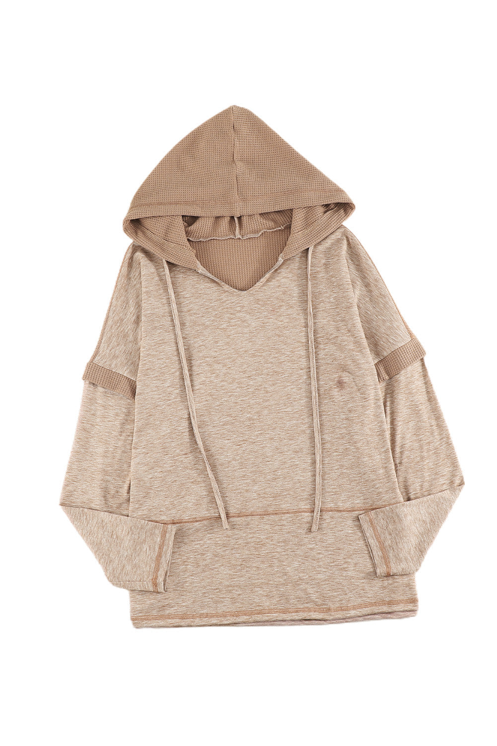 Waffle Patchwork V Neck Pullover Knit Hoodie
