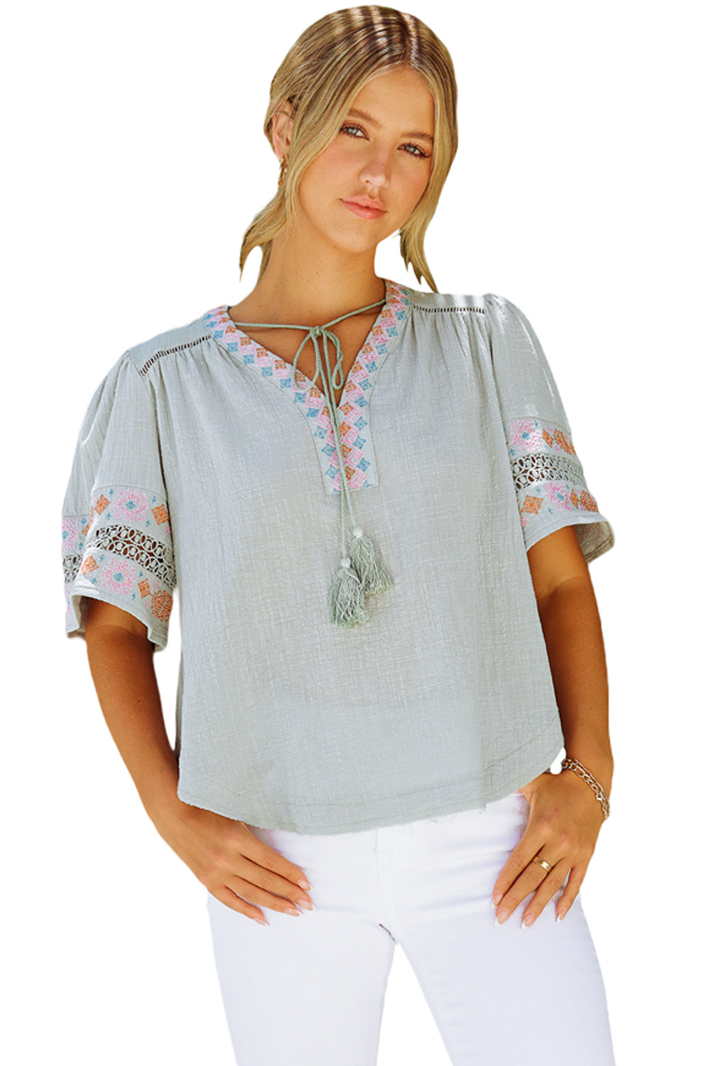 Beige Tassel Drawstring Embroidered Half Sleeve V Neck Top