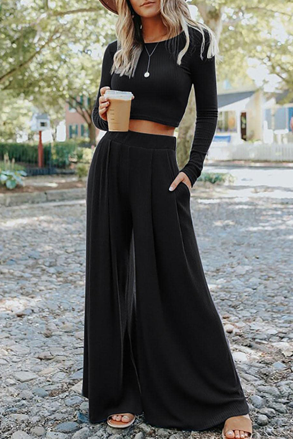 Gray Solid Color Ribbed Crop Top Long Pants Set