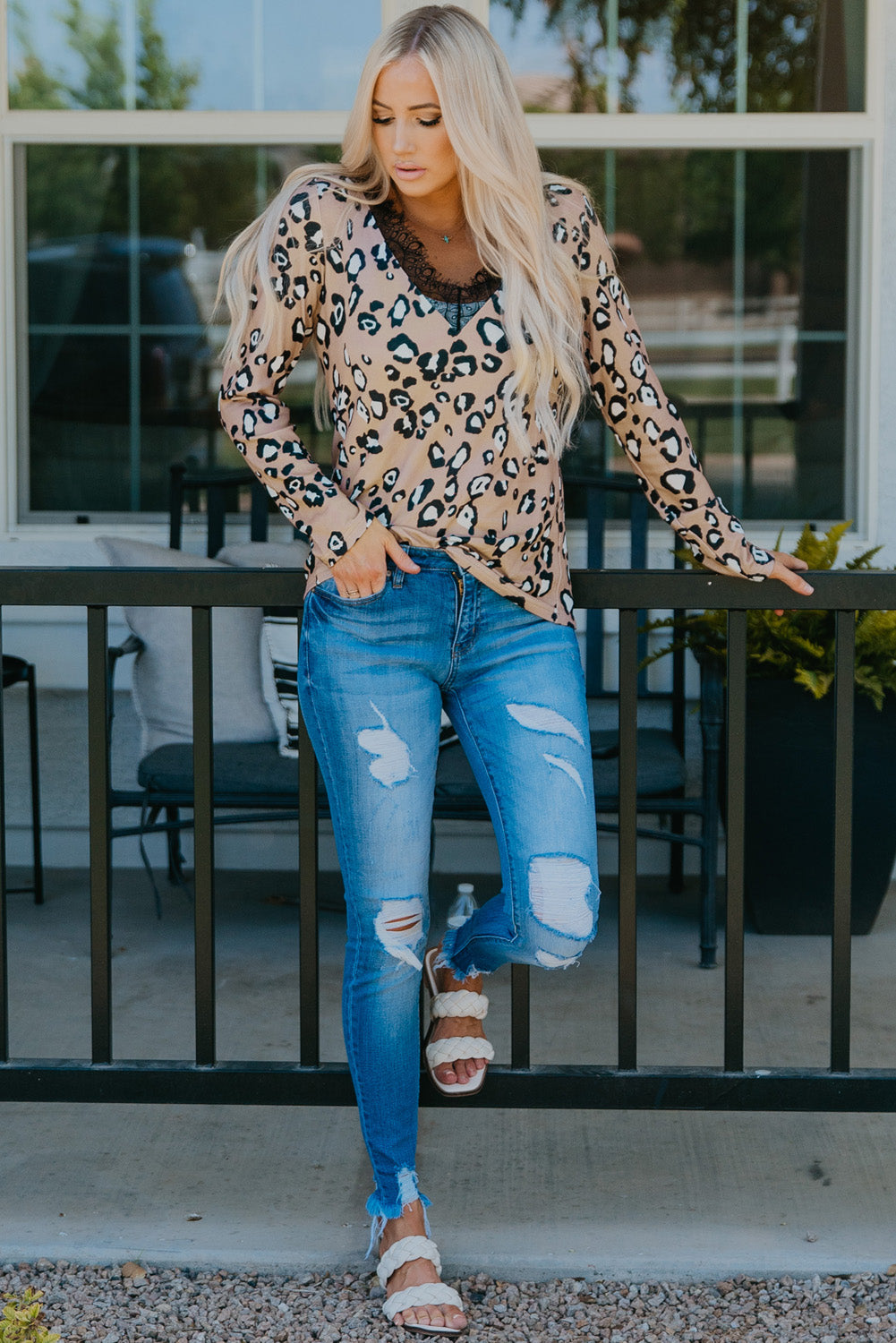 Leopard Print Lace Trim V Neck Top