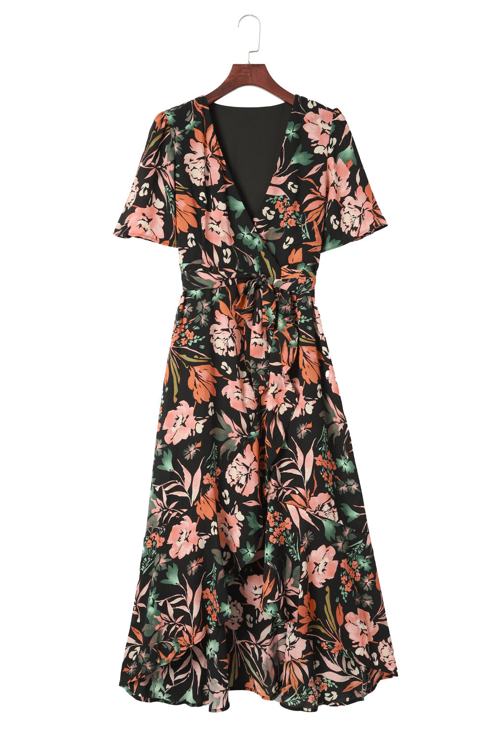 Black Floral Print Knotted Wrapped V Neck Maxi Dress