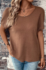 Brown Lace-up Open Back Waffle Knit Short Sleeve T Shirt