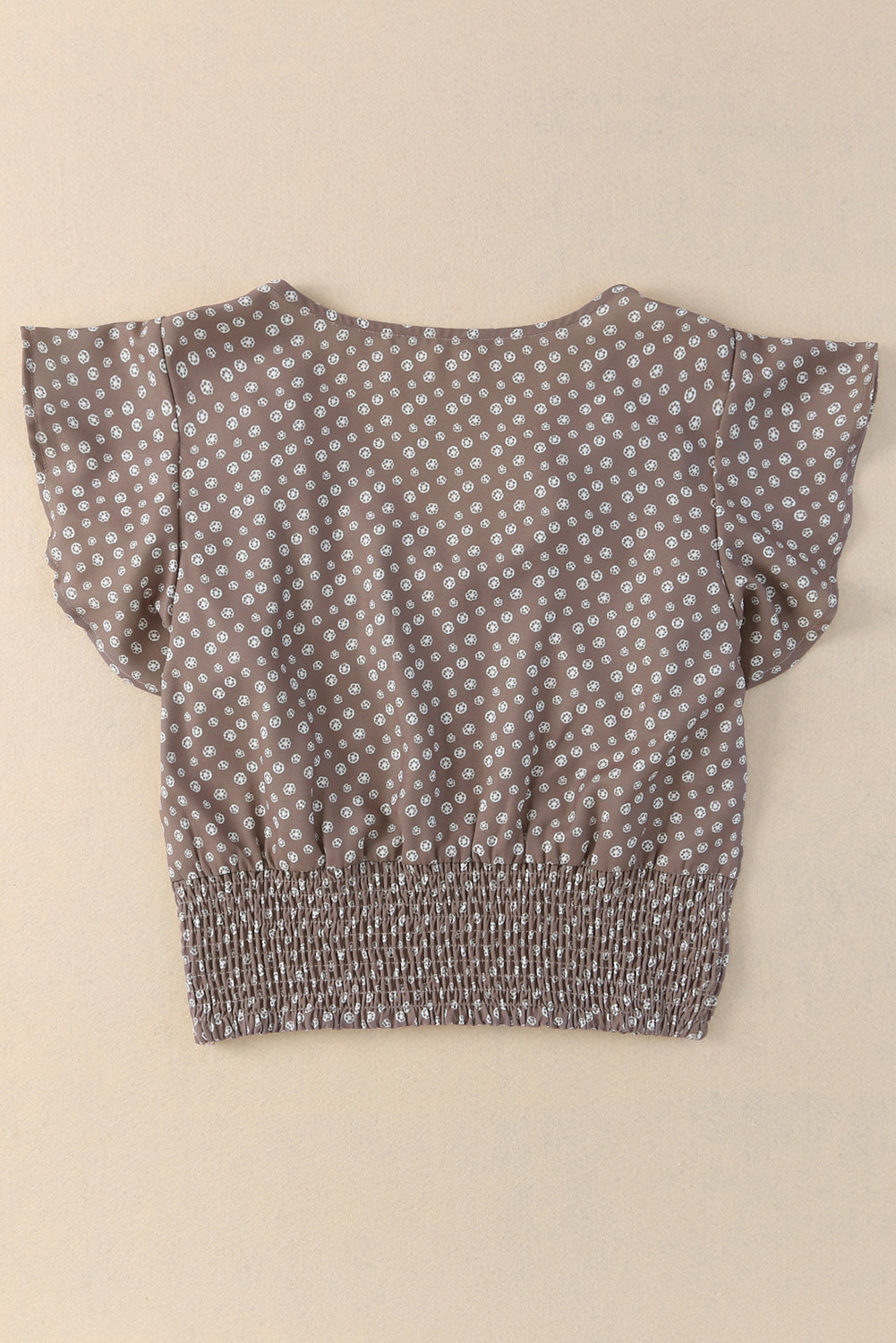 Brown V Neck Flutter Sleeves Polka Dot Smocked Hem Crop Top