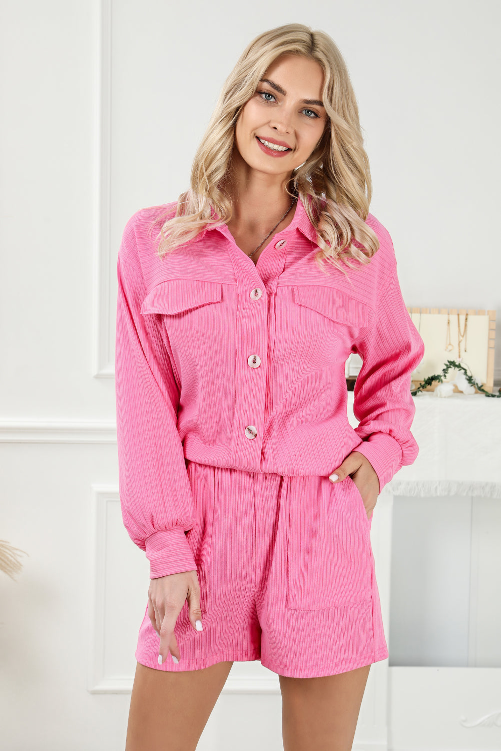 Pink Ribbed Knit Button Top and Shorts Set