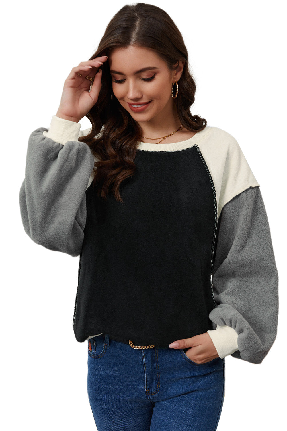 Rose Colorblock Long Sleeve Pullover Fleece Sweatshirt