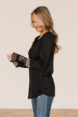 Black Lace Leopard Splicing Buttoned Knit Top