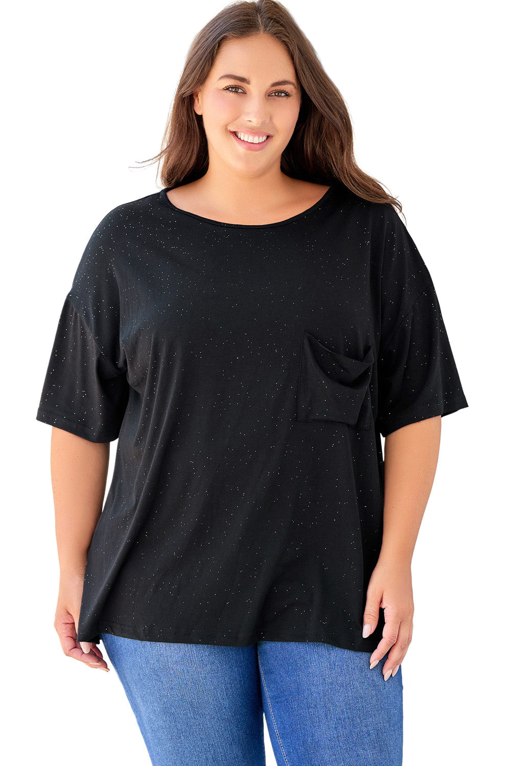 Black Splatter Allover Plus Size Pocketed T-shirt