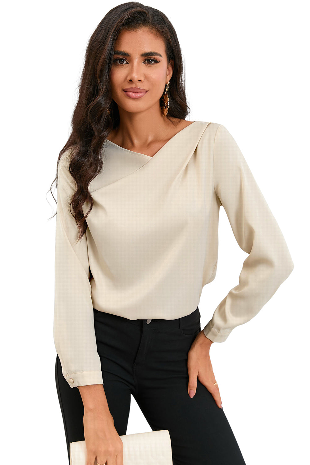 Apricot Solid Asymmetric V Neck Long Sleeve Satin Blouse