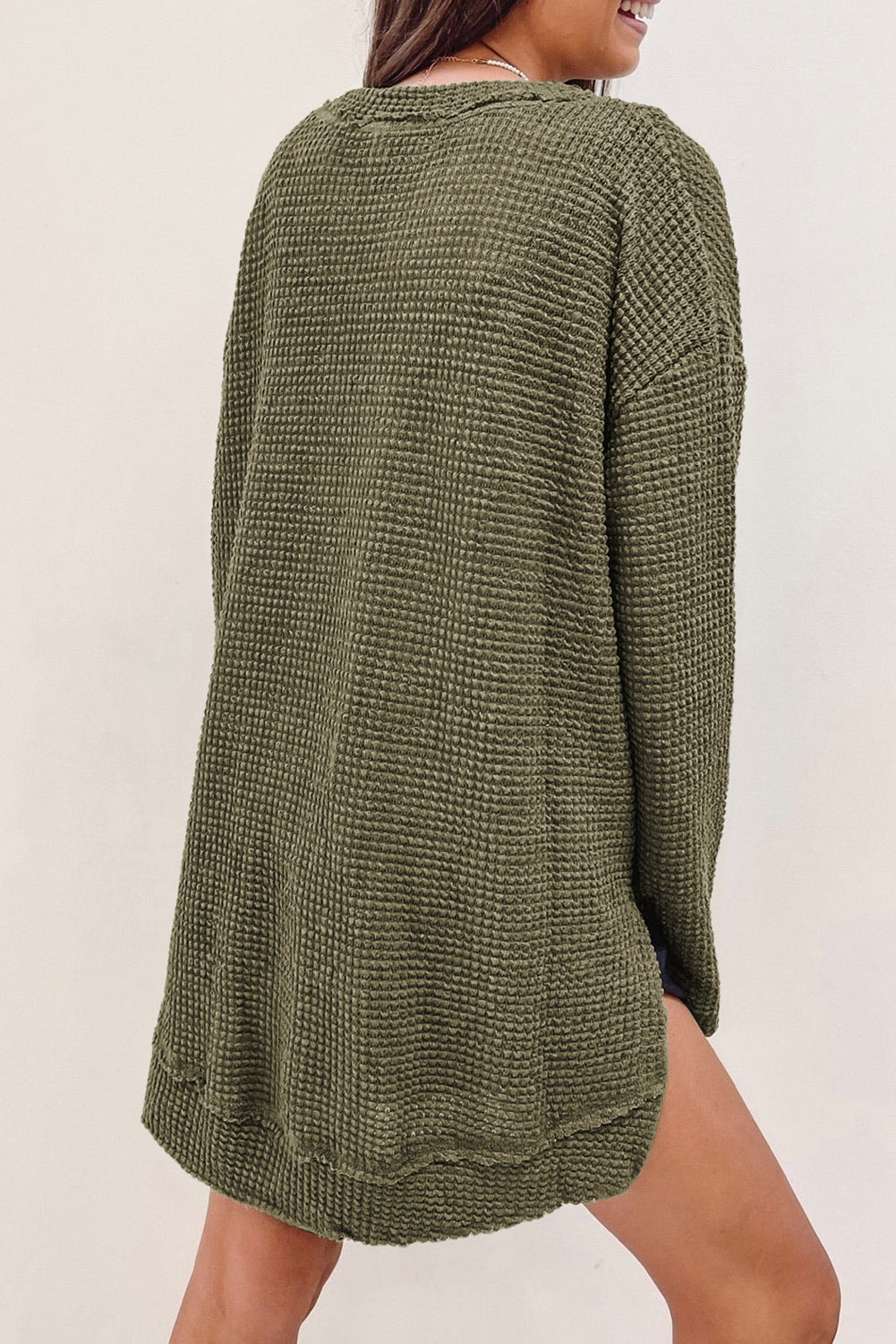 Gray Waffle Knit High Slits Oversized Top