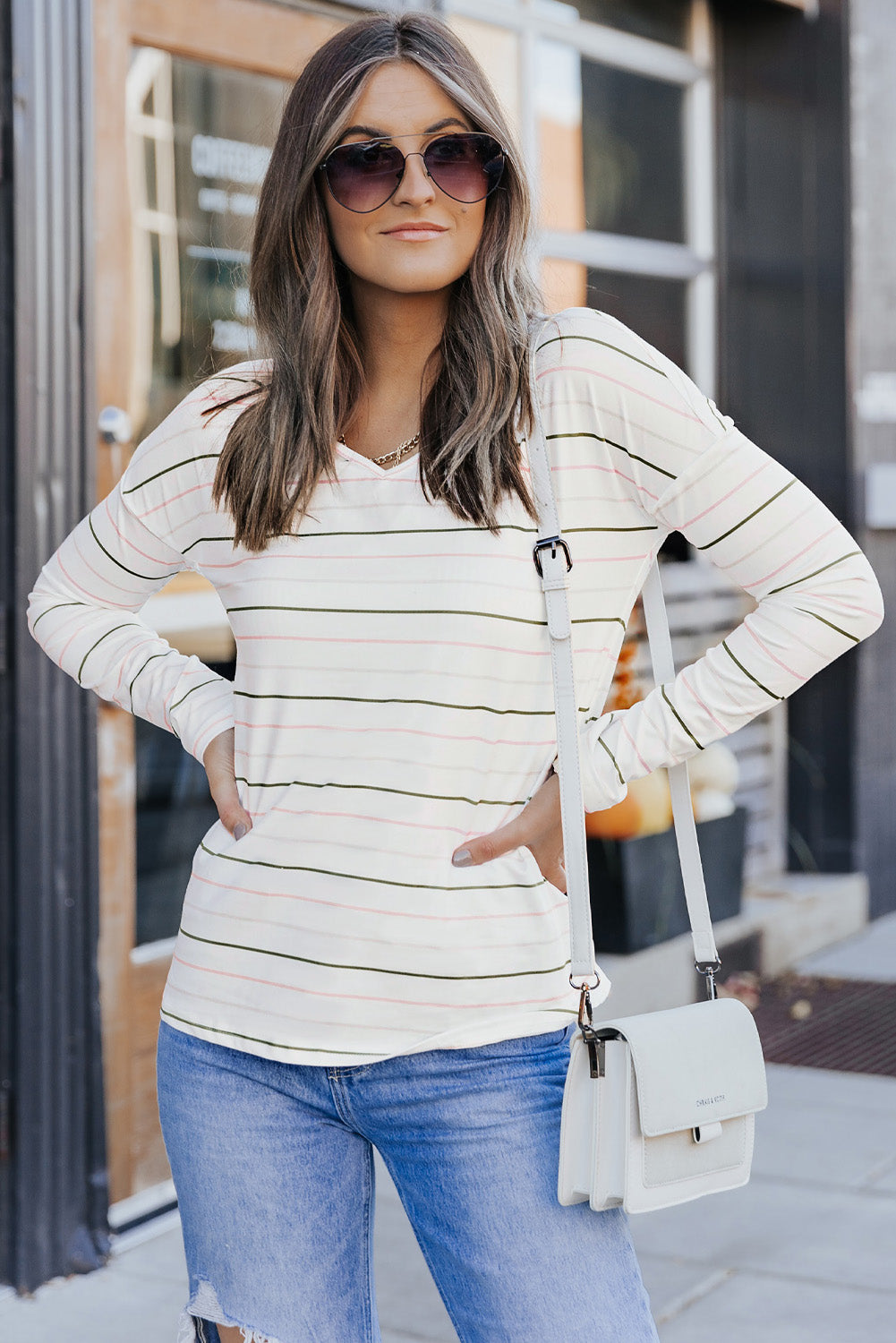 Long Sleeve V Neck Striped Print Top