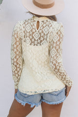 Beige Mock Neck Lace Blouse