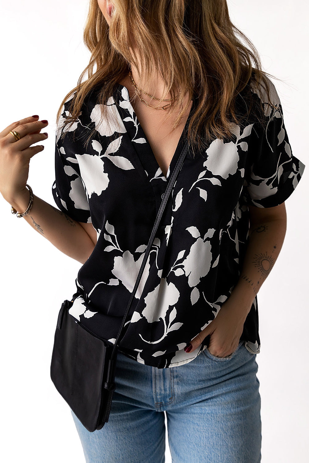 Black Floral Printed Short Sleeve Blouse