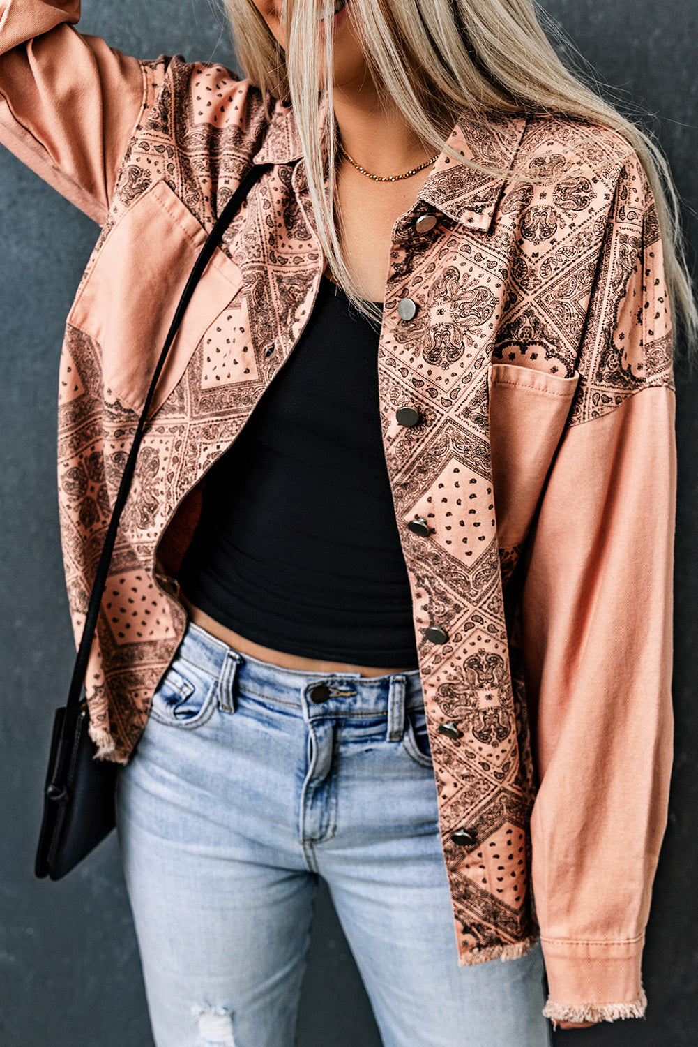 Pink Geometric Print Ripped Shirt Jacket with Pockets