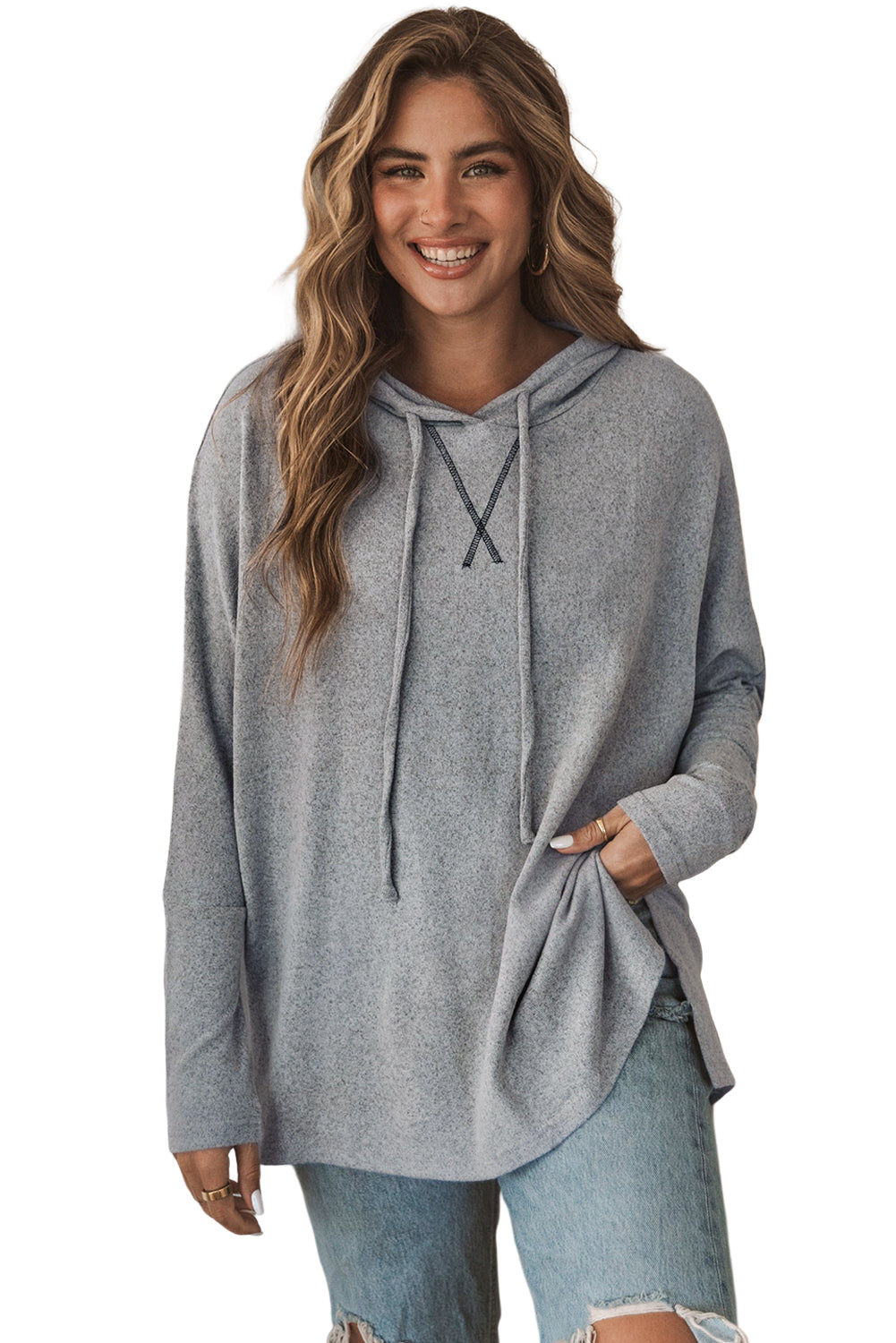 Gray Loose Drawstring Pullover Hoodie