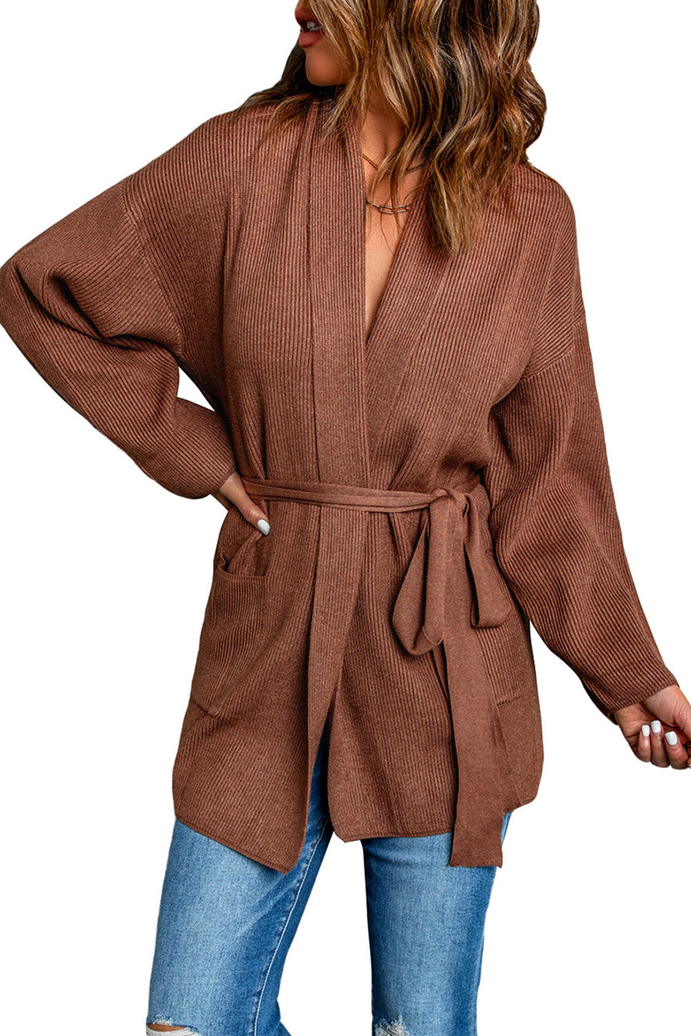 Black Robe Style Rib Knit Pocketed Cardigan with Belt