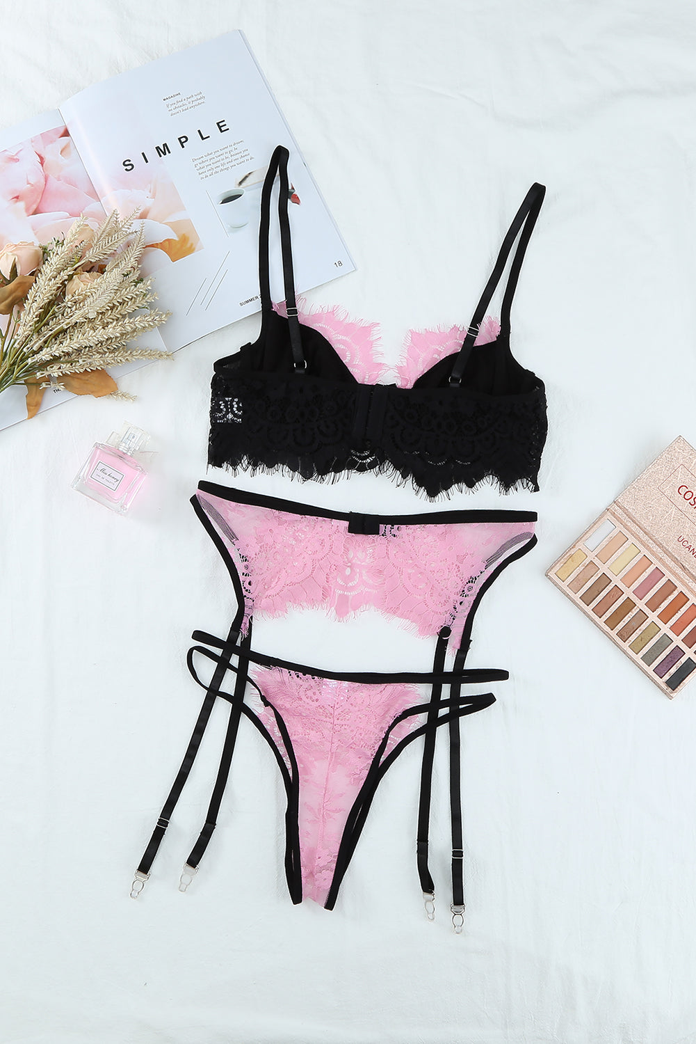 Pink Spaghetti Strap Eyelash Lace Bralette Set with Garter Belt