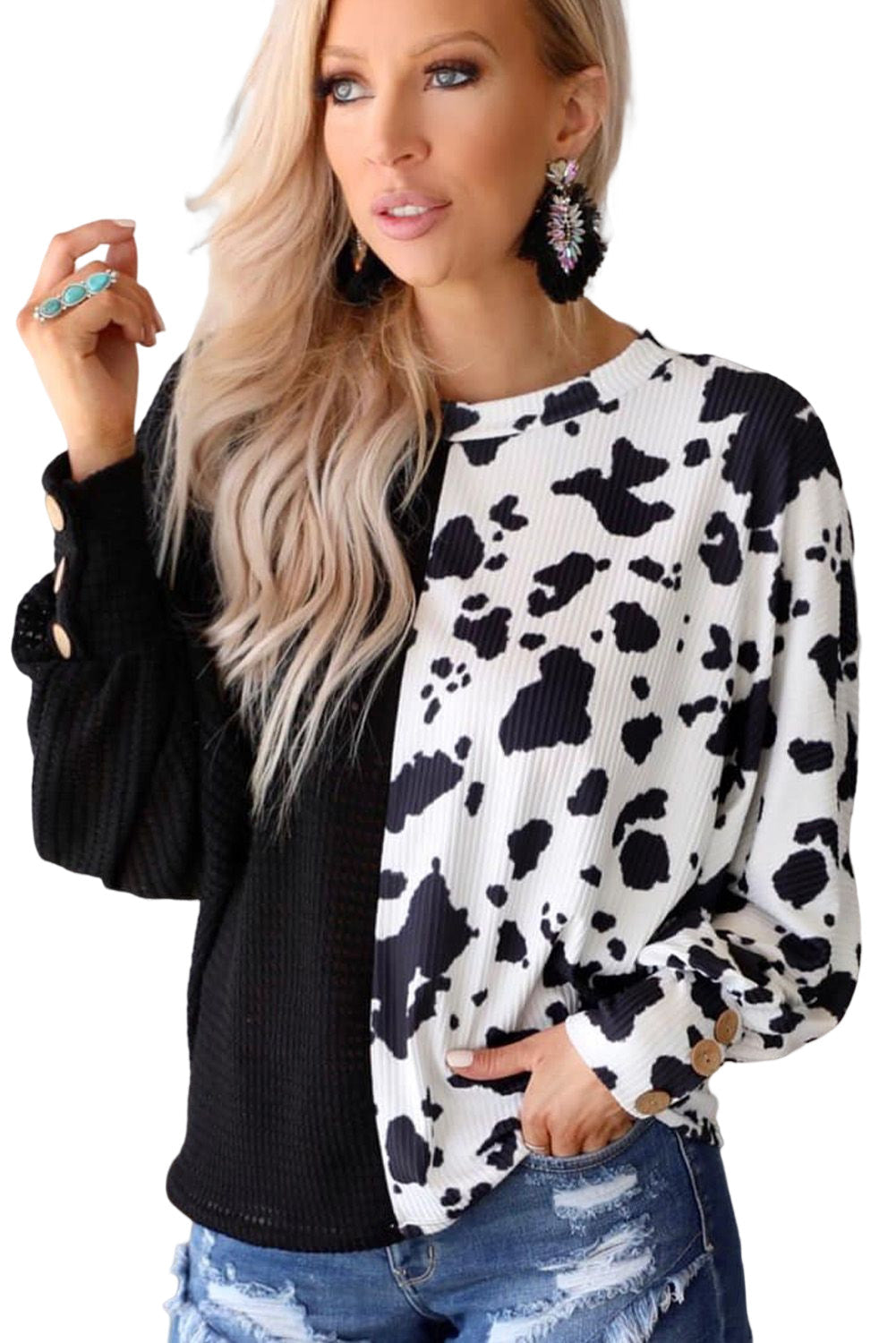 Black Cow Patchwork Waffle Knit Long Sleeve Top