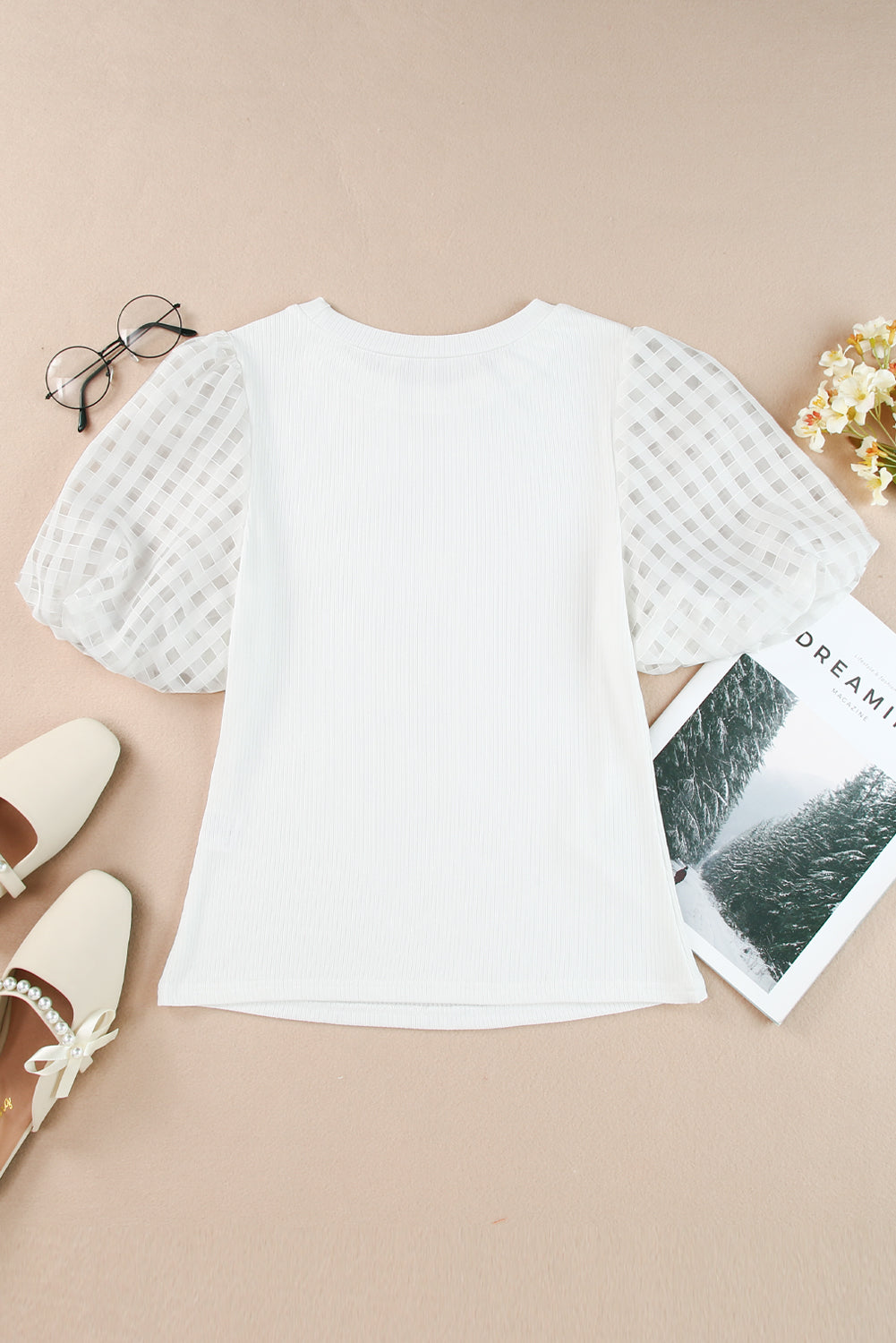 White Checkered Puff Sleeve Ribbed Knit Top