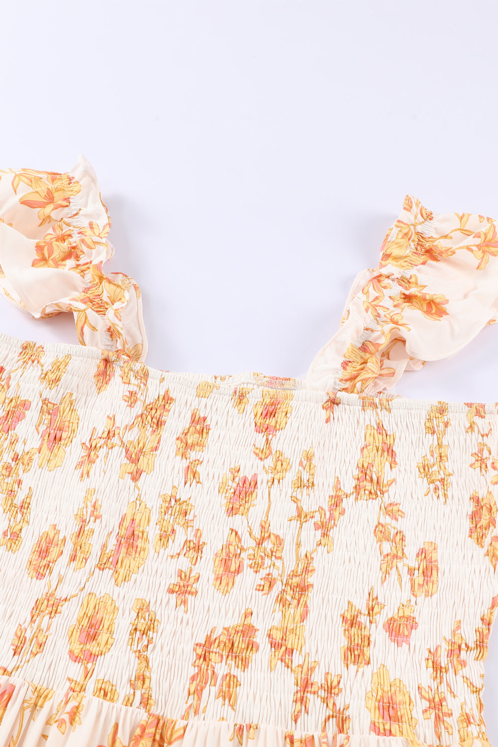 White Ruffle Shoulder Straps Smocked Bodice Printed Dress