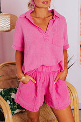 Rose Crinkle Textured Polo Shirt and High Waist Shorts Set